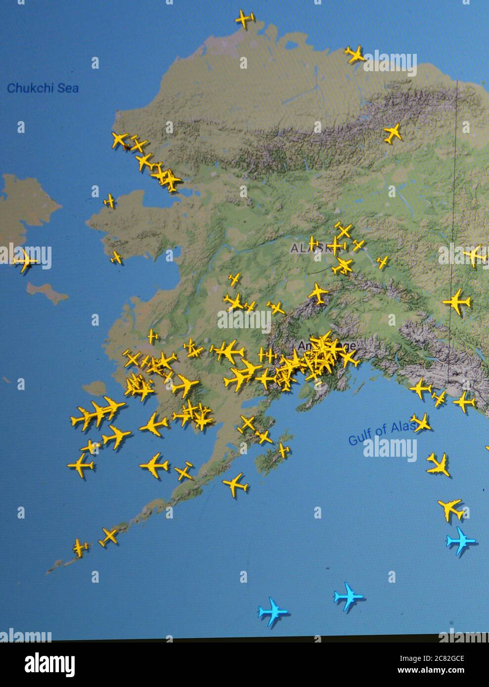 Traffico aereo su Alaska (20 luglio 2020, UTC 20.33) su Internet con il sito Flightradar 24, durante il Coronavirus Pandemic Foto Stock