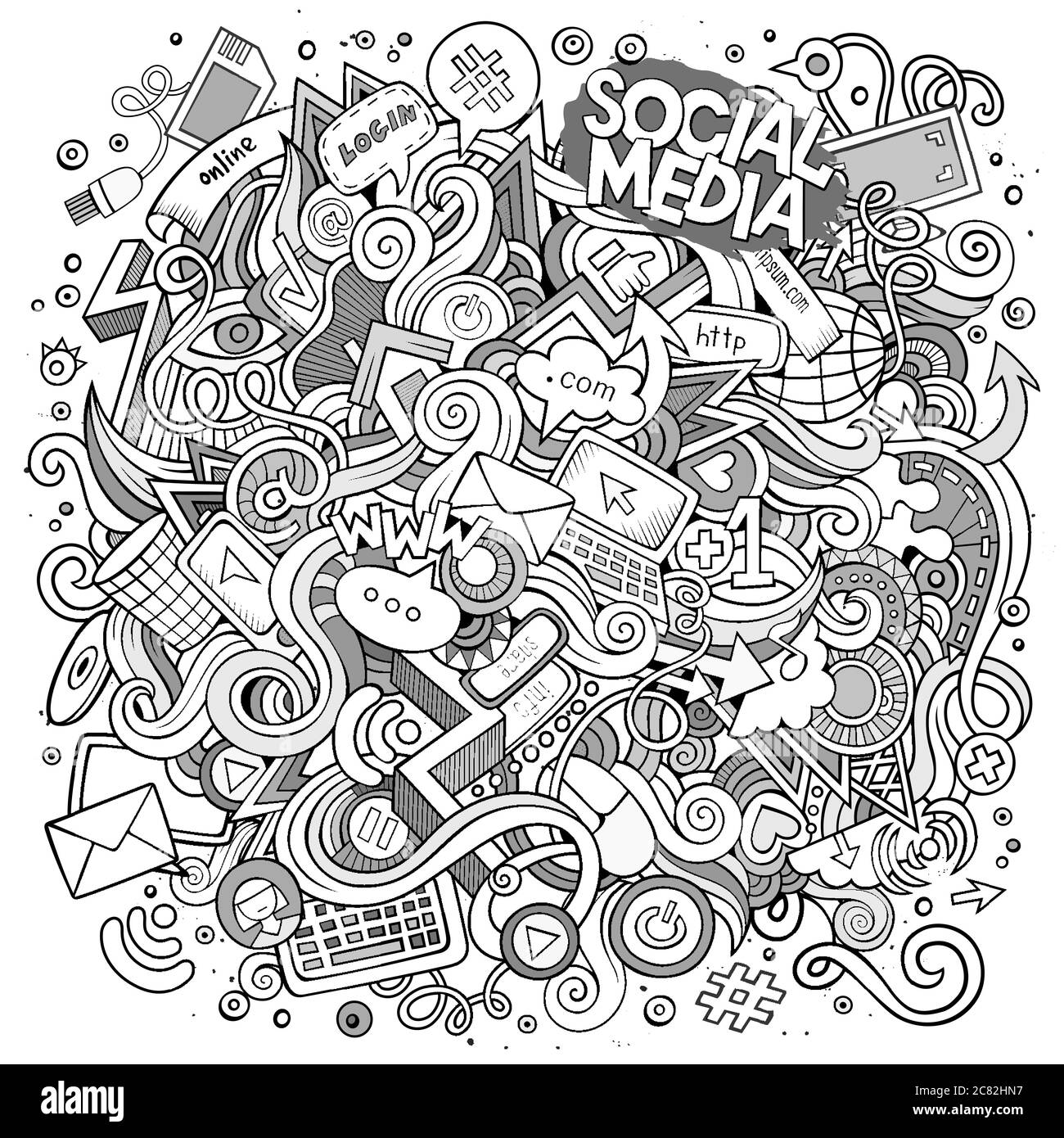 Cartoon carino doodles disegnati a mano illustrazione dei social media. Illustrazione Vettoriale