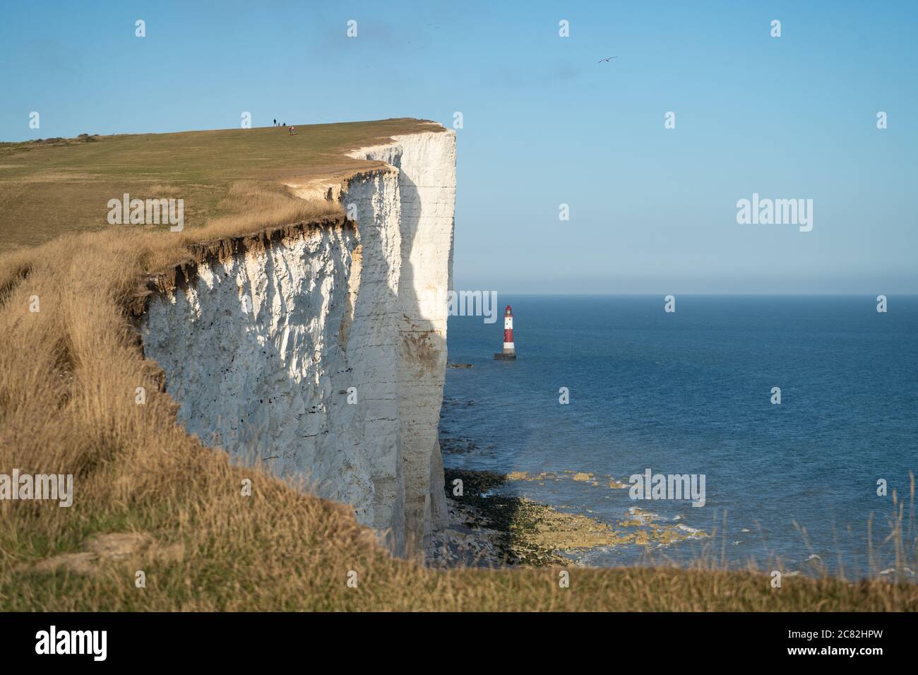 Beachy Head è una punta di gesso nella parte orientale del Sussex, Regno Unito. Il faro di Beachy Head è sotto. Foto Stock