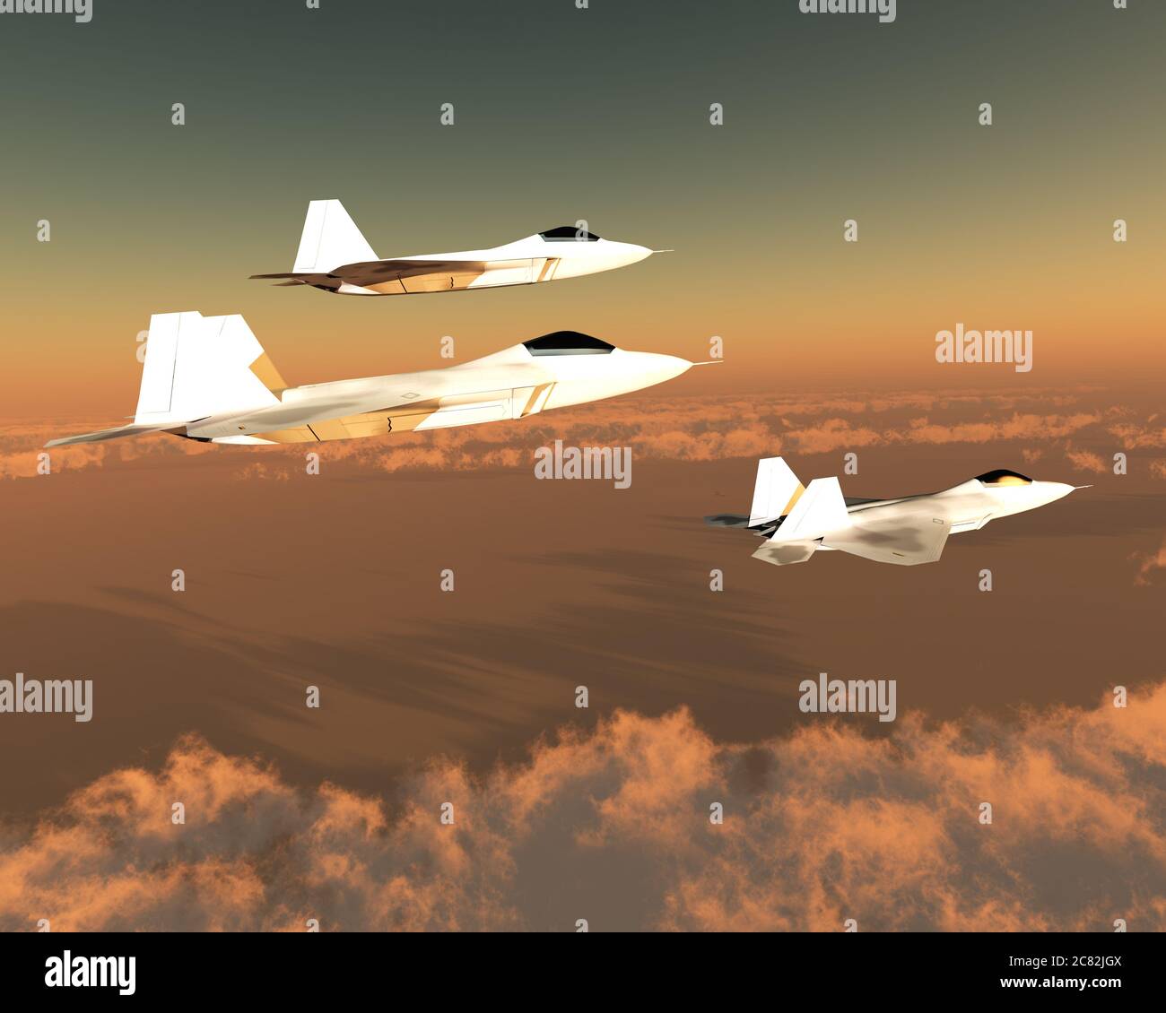 Tre aerei da combattimento F-22 con due motori supersonici si impersonano sul livello cloud nella loro missione. Foto Stock