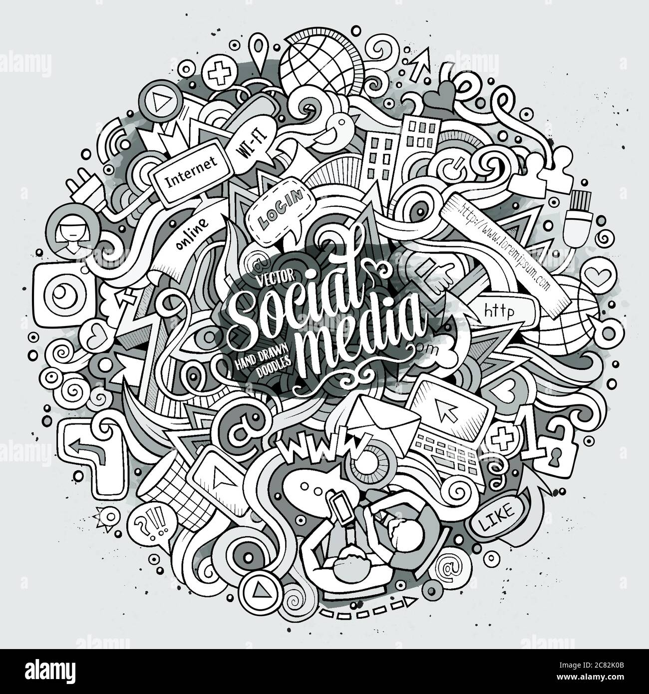 Cartoon carino doodles disegnati a mano illustrazione dei social media. Illustrazione Vettoriale