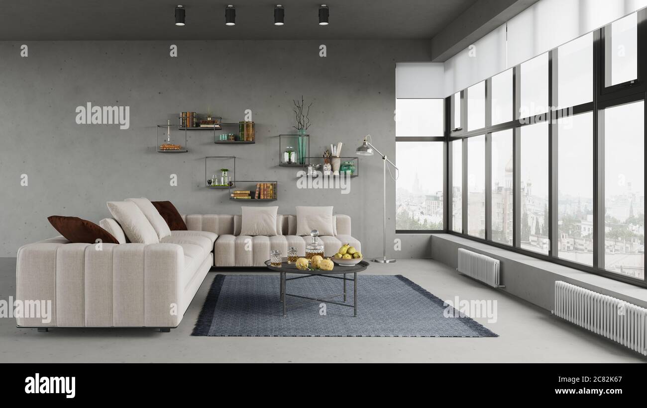 Interni dal design moderno di un soggiorno in un appartamento, casa, ufficio, dettagli interni moderni e luminosi e raggi del sole dalla finestra contro il retro Foto Stock