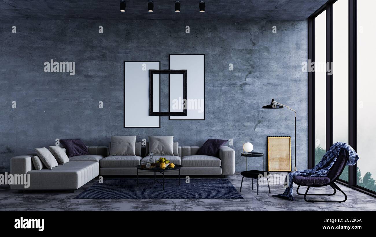 Interni dal design moderno di un soggiorno in un appartamento, casa, ufficio, dettagli interni moderni e luminosi e raggi del sole dalla finestra contro il retro Foto Stock