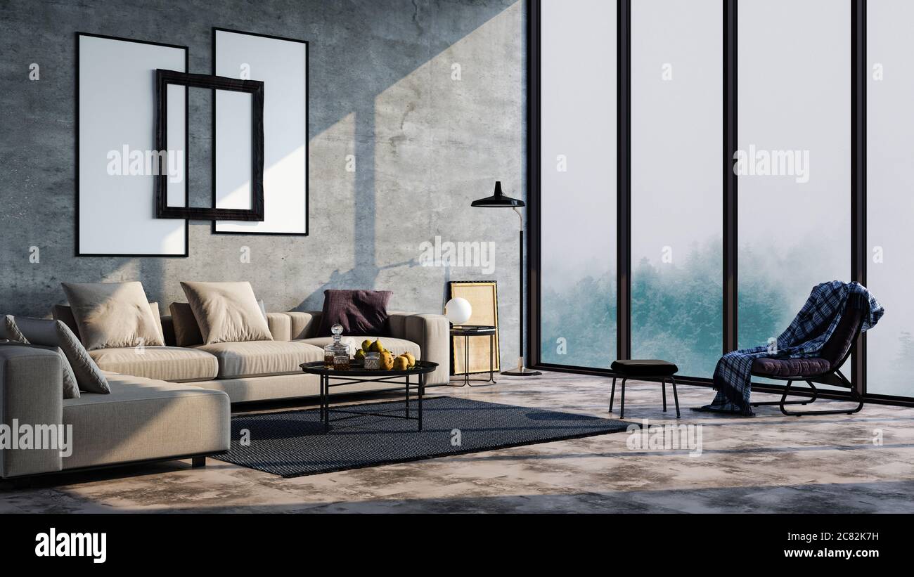 Interni dal design moderno di un soggiorno in un appartamento, casa, ufficio, dettagli interni moderni e luminosi e raggi del sole dalla finestra contro il retro Foto Stock