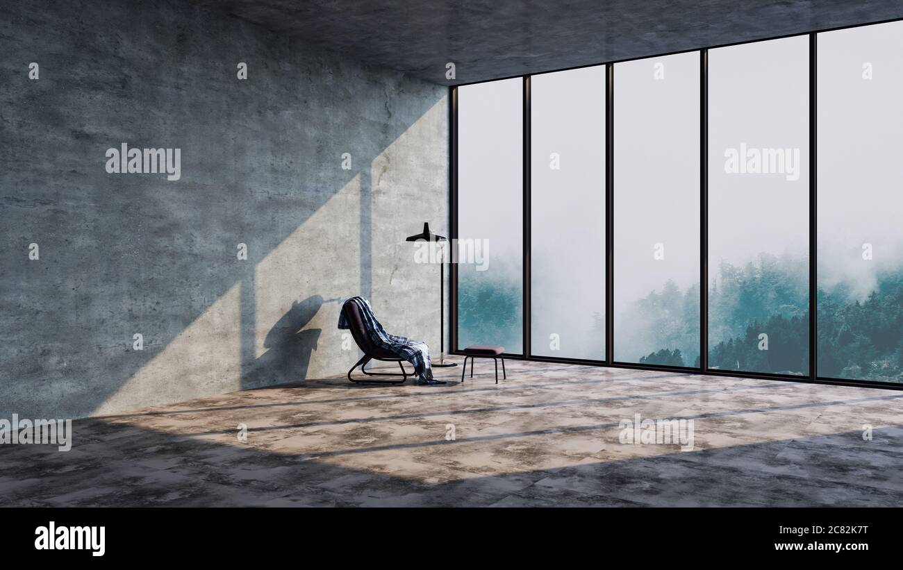 Interni dal design moderno di un soggiorno in un appartamento, casa, ufficio, dettagli interni moderni e luminosi e raggi del sole dalla finestra contro il retro Foto Stock