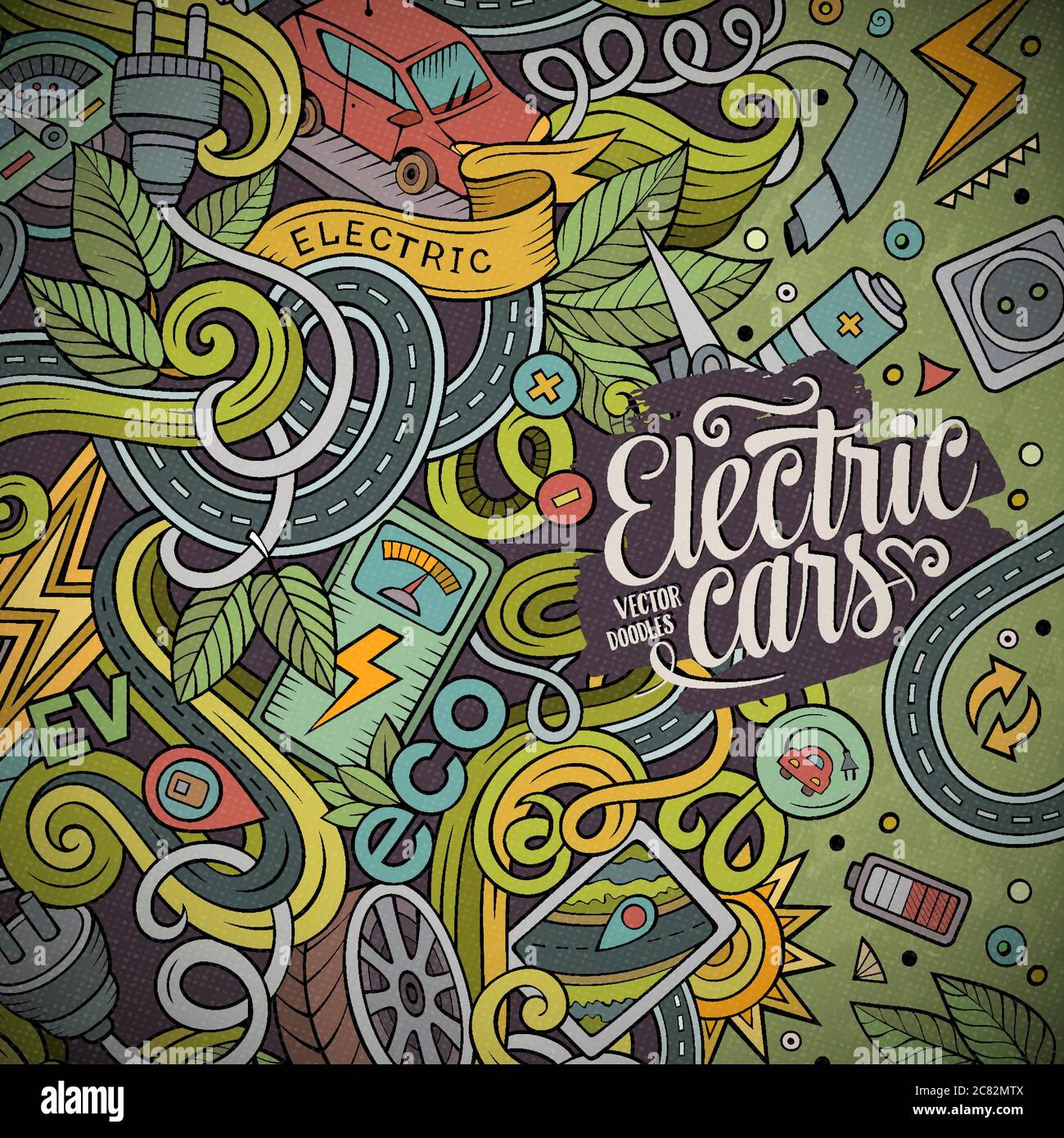 Cartoon doodles auto elettriche progettazione telaio Illustrazione Vettoriale