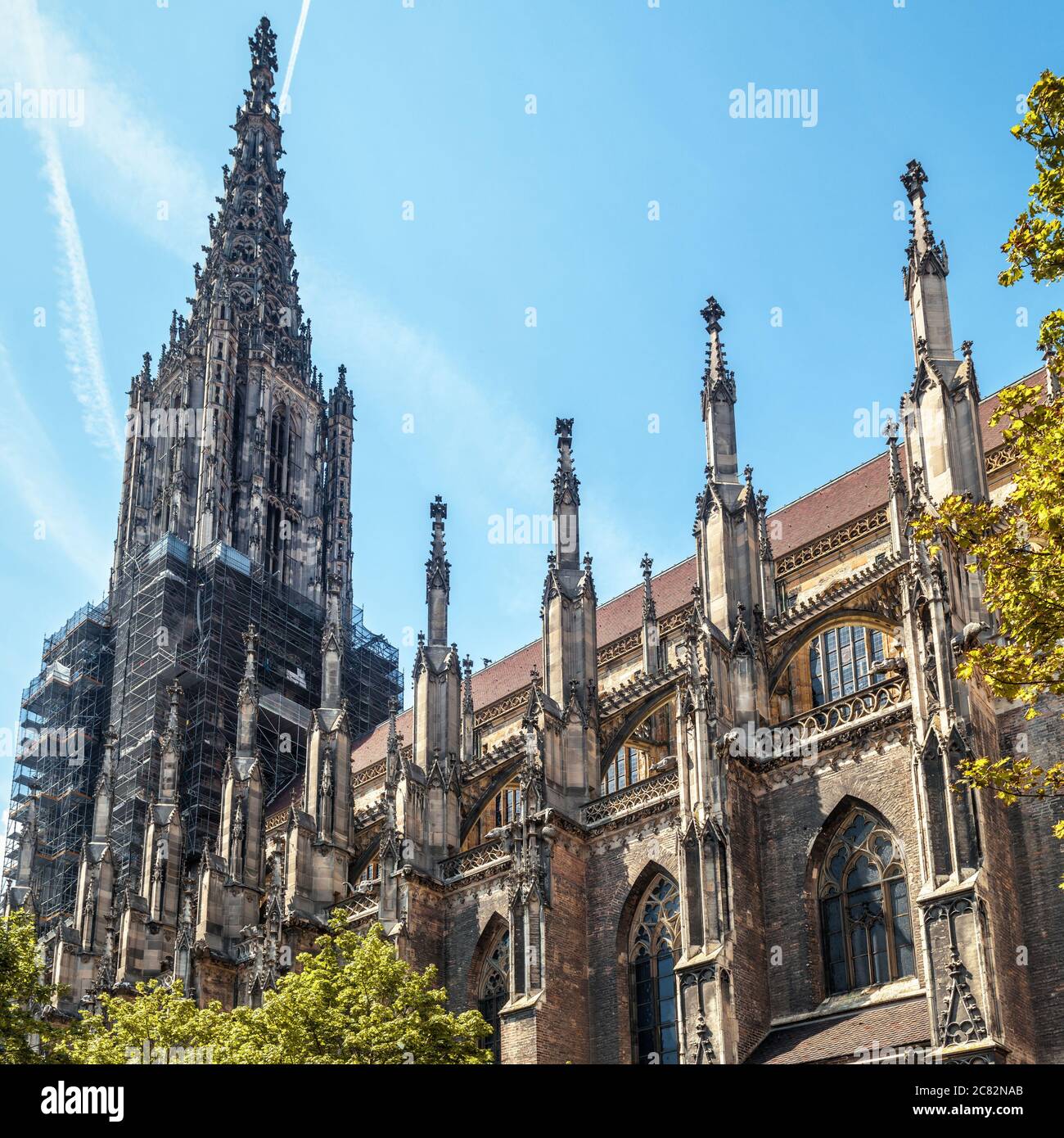 Ulm Minster o Cattedrale della città di Ulm, Germania. E' il punto di riferimento di Ulm. Facciata ornata di vecchia famosa chiesa gotica contro il cielo in estate. Bella scener Foto Stock