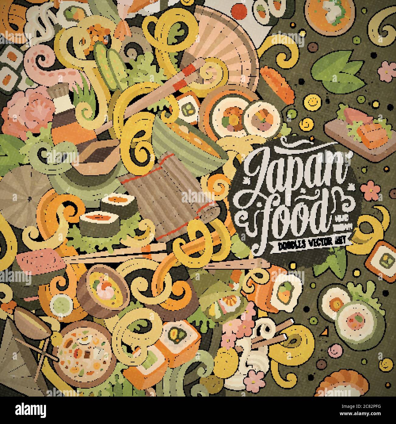 Cartoon Doodles disegnati a mano cornice cibo Giappone Illustrazione Vettoriale