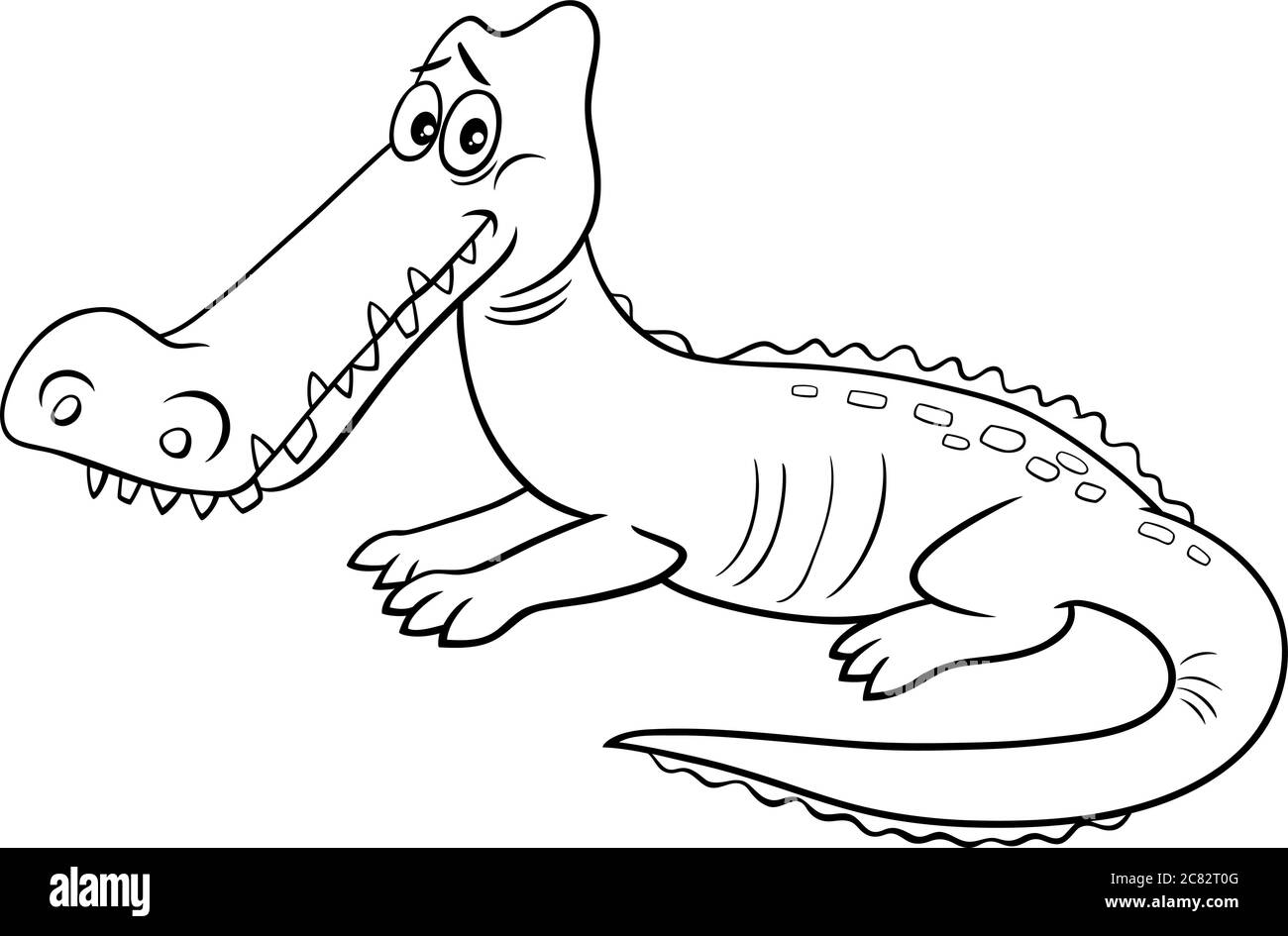 Cartoon bianco e nero Illustrazione di divertente coccodrillo Wild Animal colorazione carattere pagina Illustrazione Vettoriale