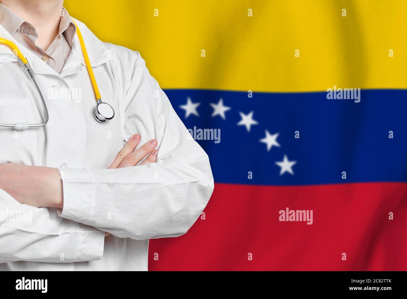 Bolivarian Repubblica del Venezuela concetto di assistenza sanitaria con medico sullo sfondo. Assicurazione medica, lavoro o studio nel paese Foto Stock