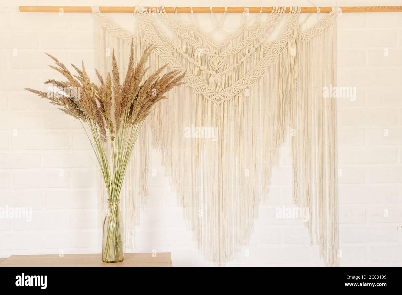 Reed beige contro una parete bianca con un pannello di parete in macrame. Un concetto minimalista, elegante e alla moda con uno sfondo splendido con colori neutri chiari. Foto Stock