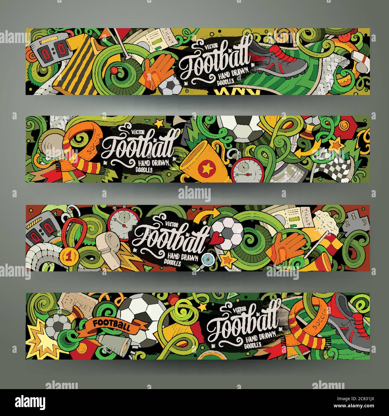 Cartoon vettore doodles Calcio banner orizzontali Illustrazione Vettoriale