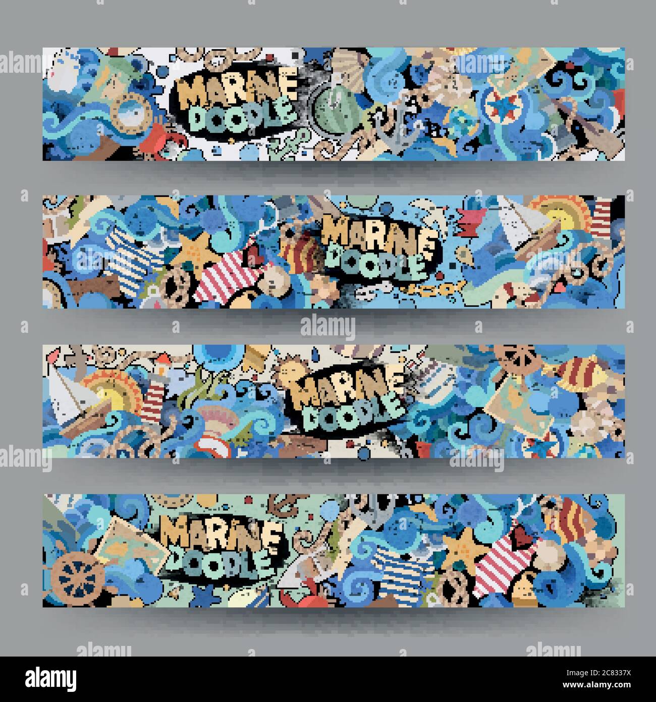 Cartoon line art vettore nautico disegnati a mano banner nautici Illustrazione Vettoriale
