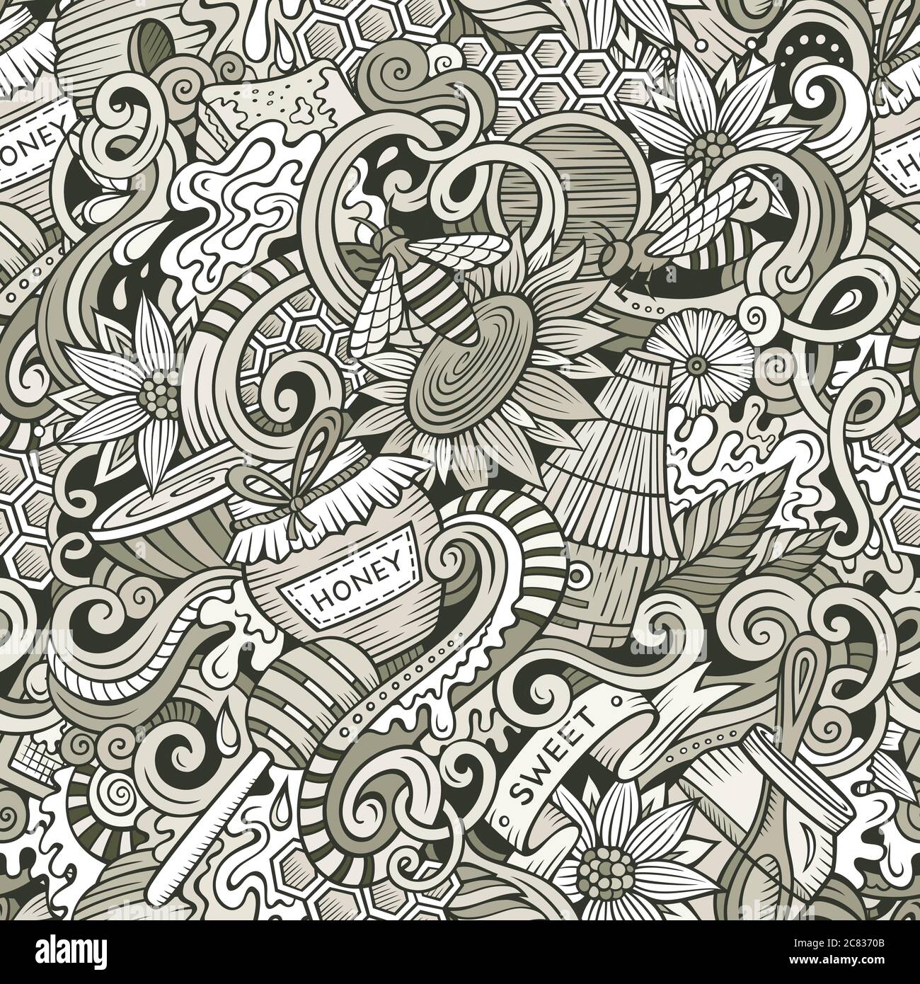 Cartoon carino doodles disegnati a mano Miele modello senza giunture Illustrazione Vettoriale