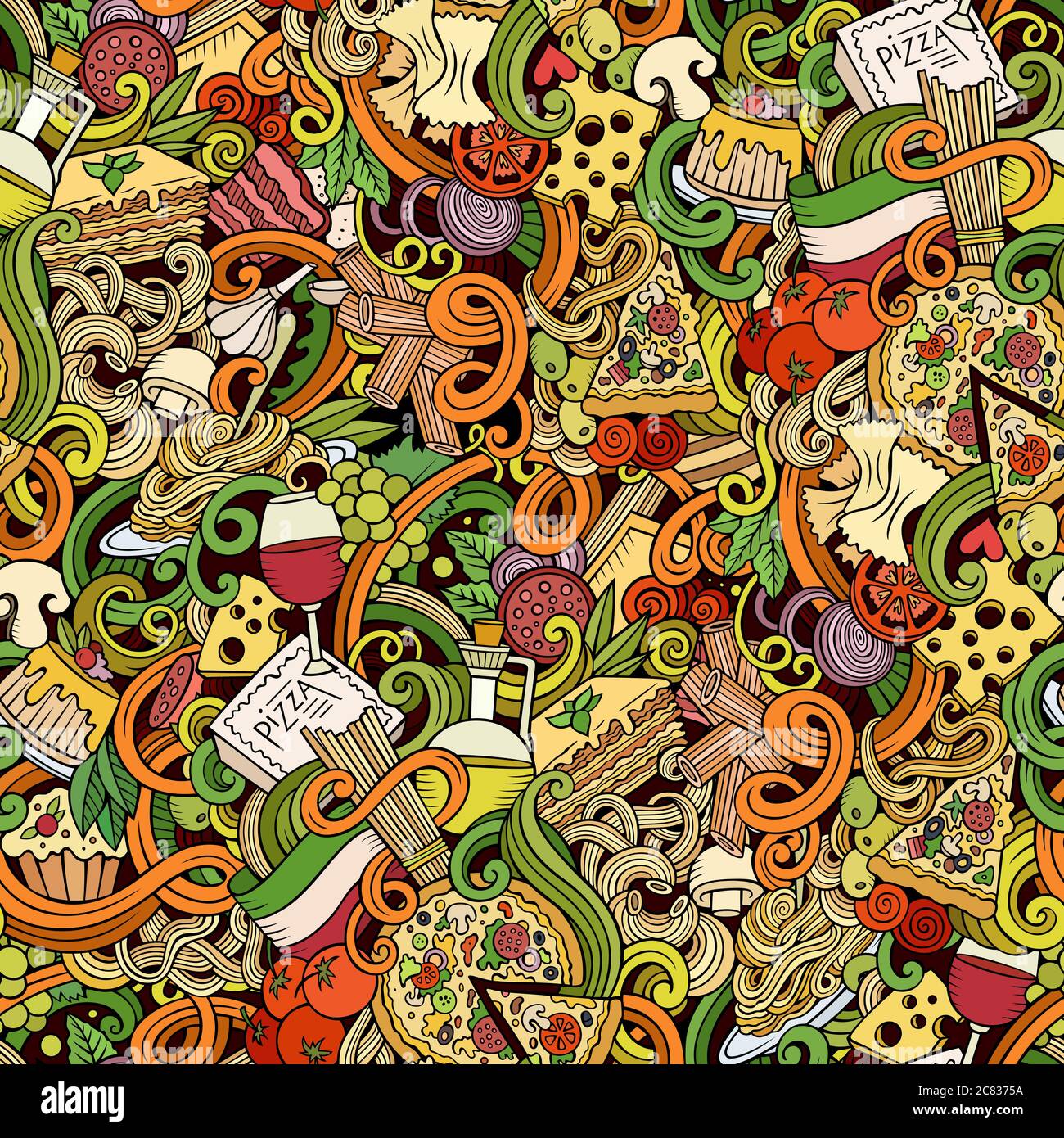 Fumetti doodles della cucina italiana modello senza soluzione di continuità Illustrazione Vettoriale