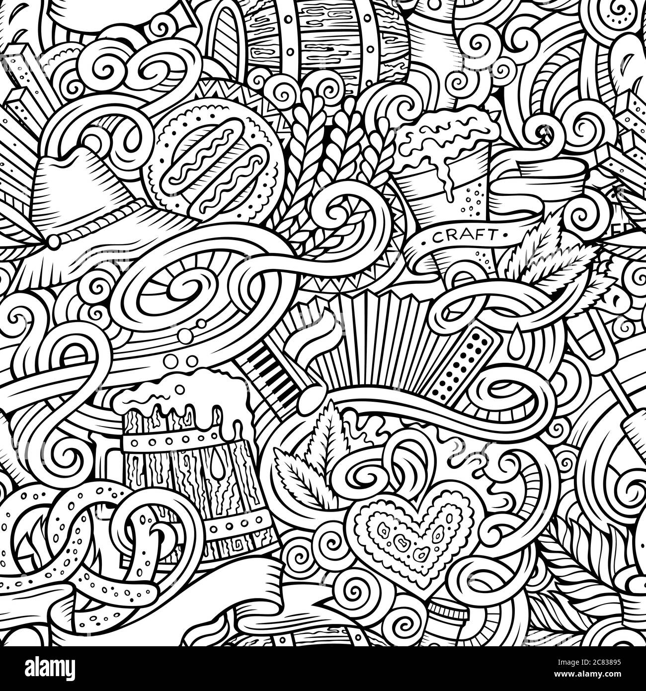 Cartoon carino doodles disegnati a mano Octoberfest modello senza giunture Illustrazione Vettoriale