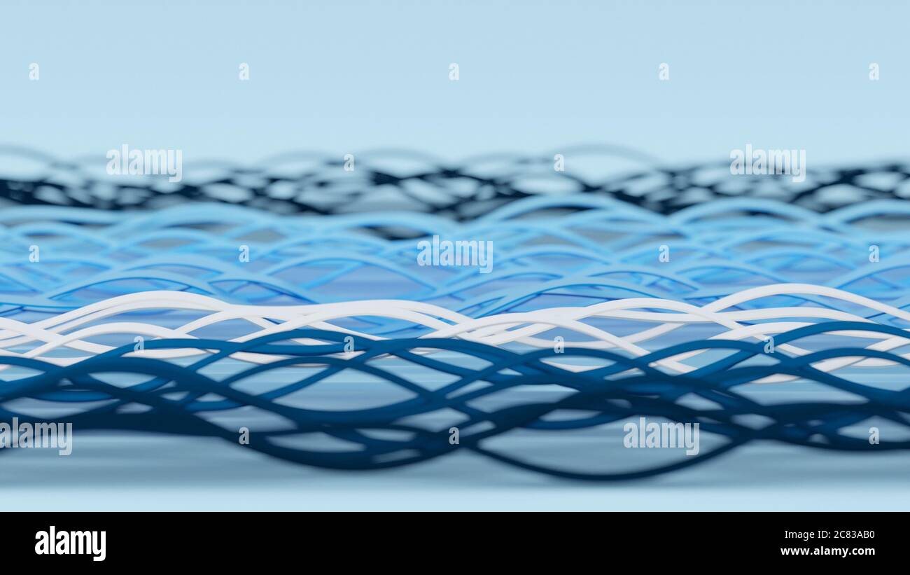 Linee orizzontali blu, bianche, turchesi e ondulate. Sfondo minimalista concetto astratto. Rendering 3D digitale. Foto Stock