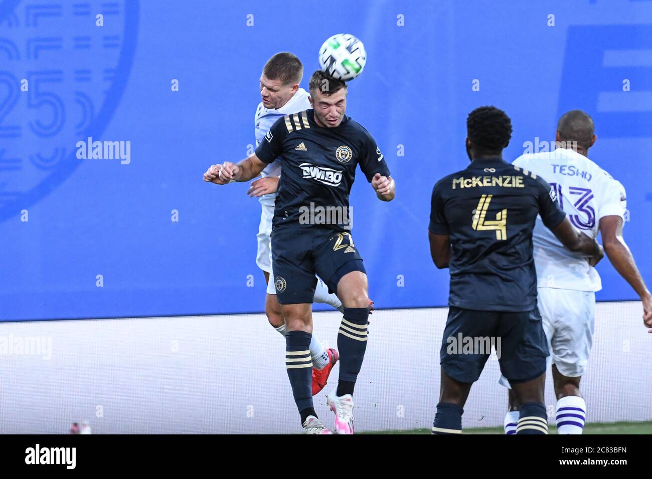 Orlando, Florida, Stati Uniti. 20 luglio 2020. Il difensore di Philadelphia Union Wagner, Kai n° 27 vince la testata durante il torneo MLS is Back all'ESPN Wild World of Sports di Orlando, Florida USA, lunedì 20 luglio 2020. Photo Credit: Marty Jean-Louis Credit: Marty Jean-Louis/Alamy Live News Foto Stock