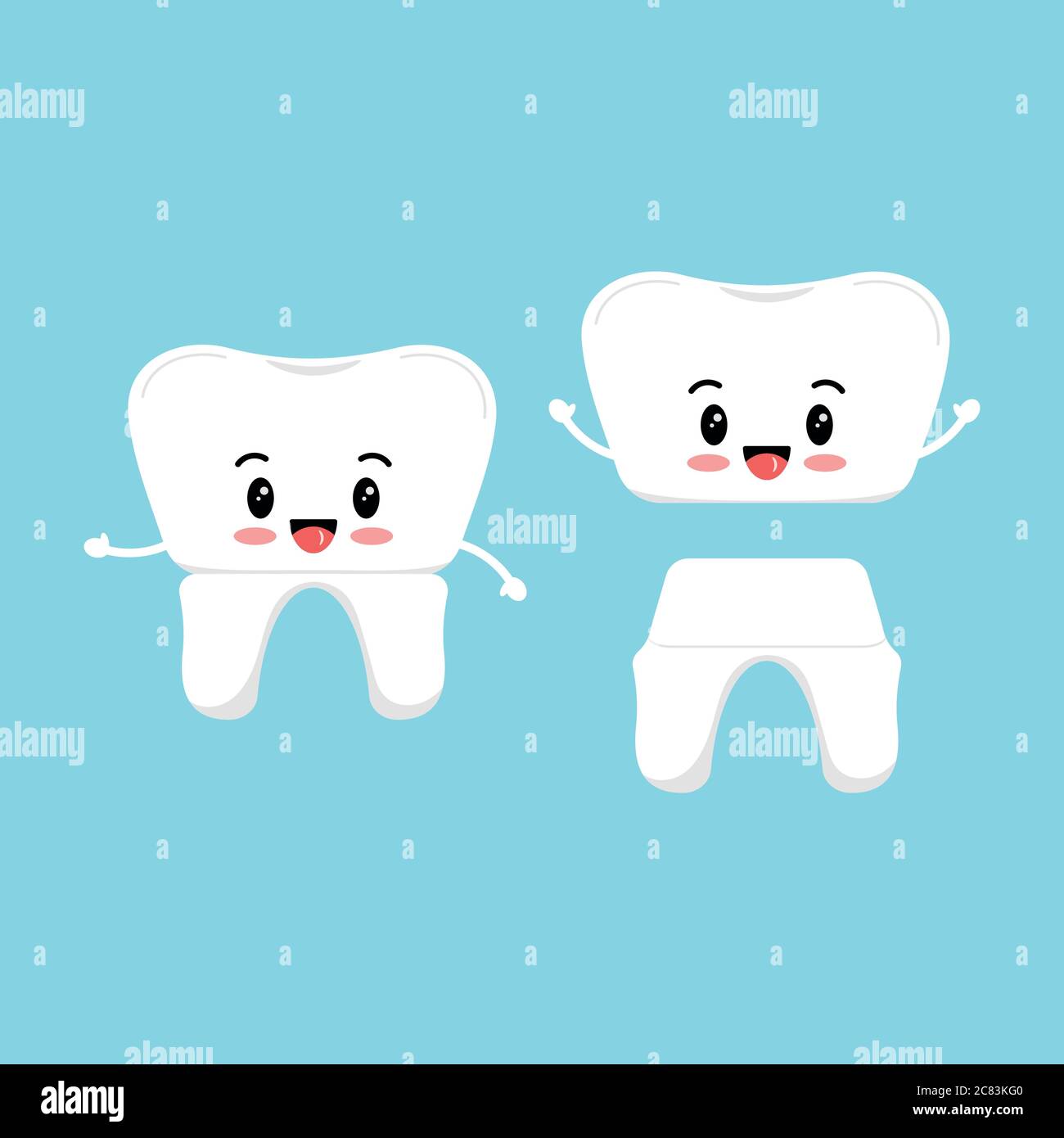 Cute dente con corona dentale emoji icona set isolato su sfondo. Illustrazione Vettoriale