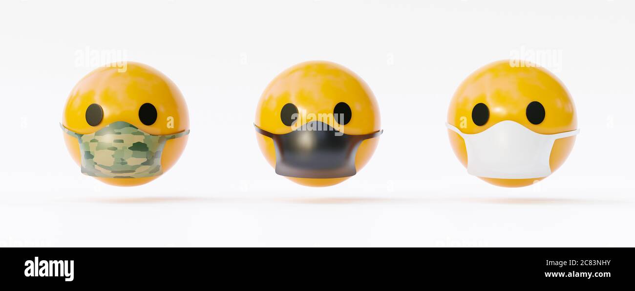 Emoticon gialle e facciali, che mostrano l'importanza di indossare la maschera a causa di Covid 19. Concetto epidemico.rendering 3d Foto Stock