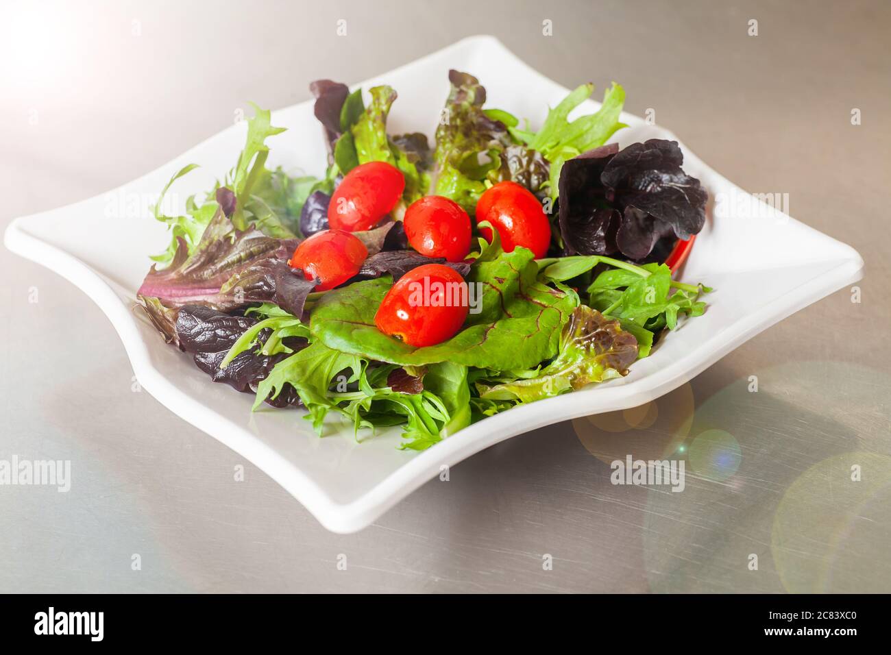 Presentazione a vista completa di una ciotola di insalata posto su un tavolo di alluminio Foto Stock