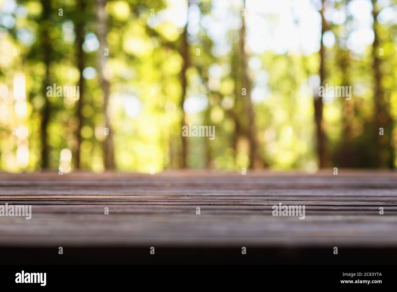 In sfocatura, un ponte di legno e un frammento di foresta per l'uso come sfondo Foto Stock