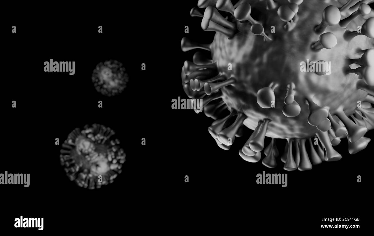 Illustrazione del modello delle cellule del coronavirus, pandemia del Coronavirus Covid-19, rappresentazione 3D, concettuale, primo piano, sfondo nero scuro Foto Stock