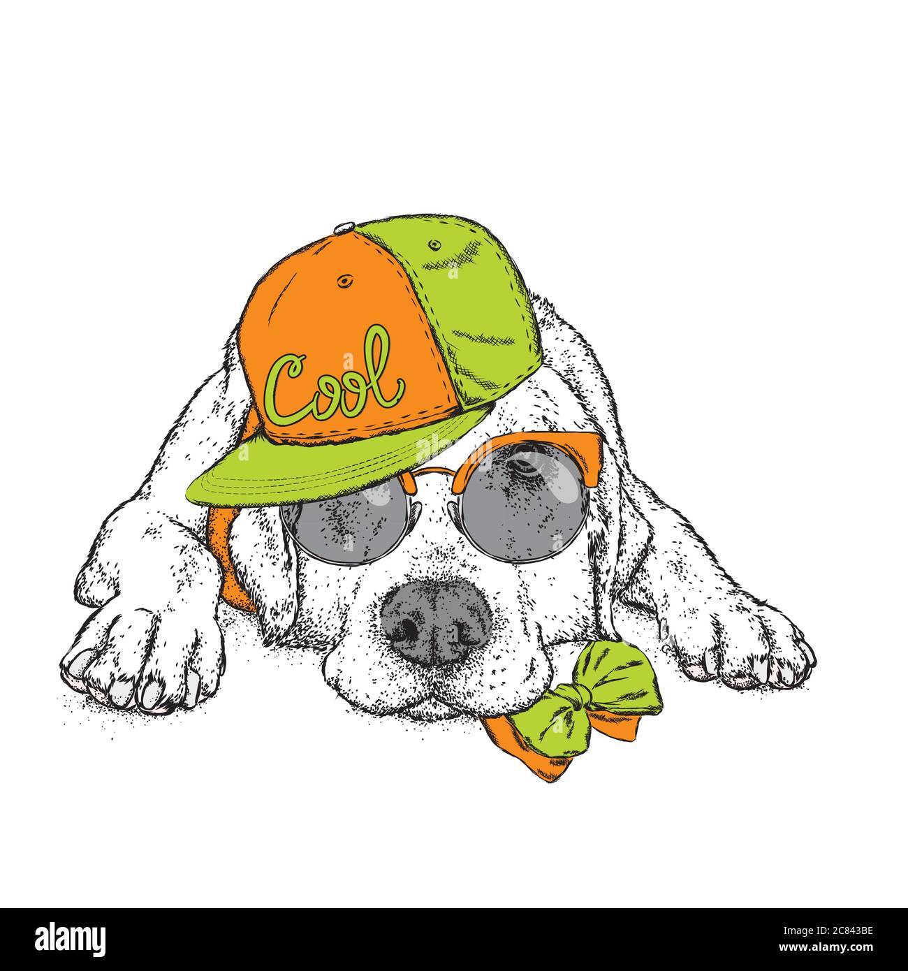 Un bel cane in un cappello, bicchieri e una cravatta. Illustrazione vettoriale per una cartolina o un poster, stampa per abiti. Cucciolo di purebred. Alabai o il Pastore Illustrazione Vettoriale