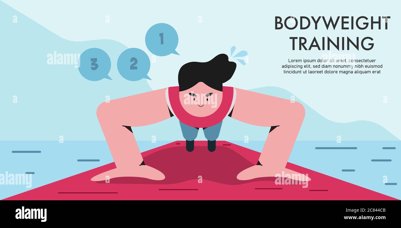 Uomo eseguire esercizio push up. Illustrazione vettoriale dell'allenamento di allenamento di formazione sul peso corporeo. Illustrazione Vettoriale