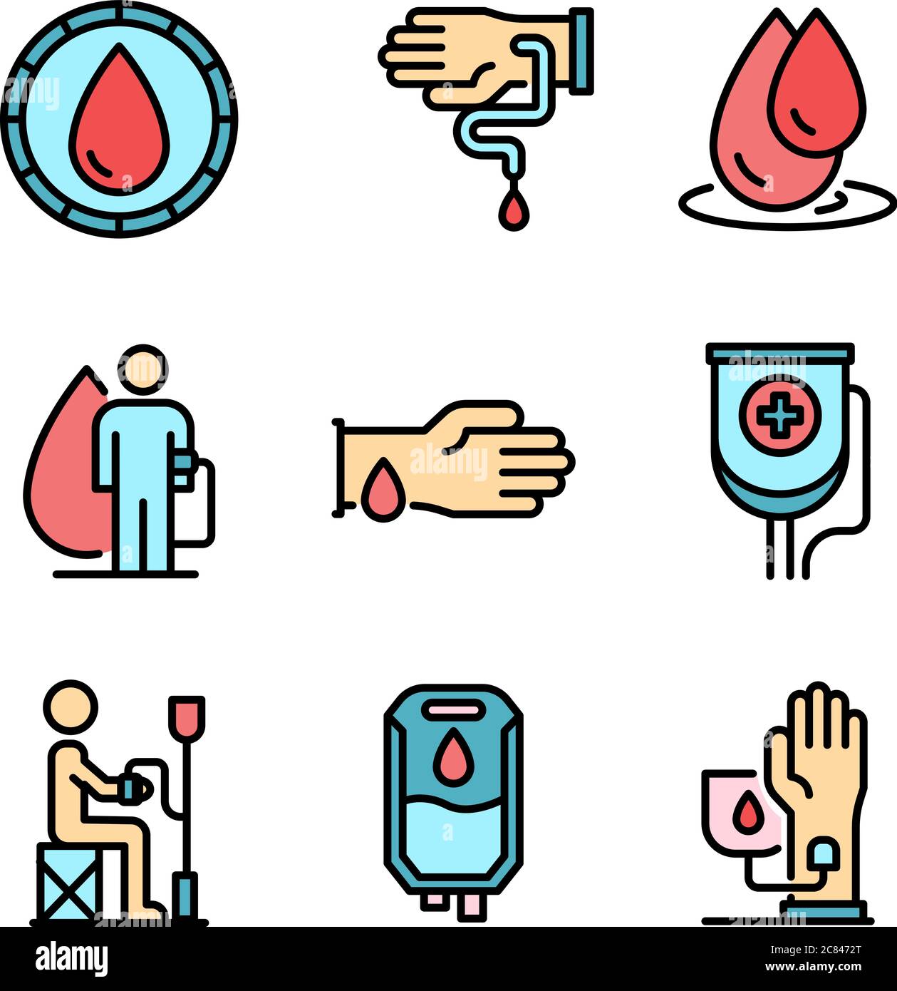 Icone di trasfusione del sangue vettore piatto Illustrazione Vettoriale