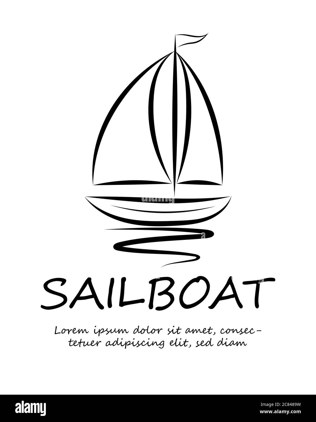 Logo line vettore d'arte di una barca a vela galleggianti sull'acqua. Illustrazione Vettoriale