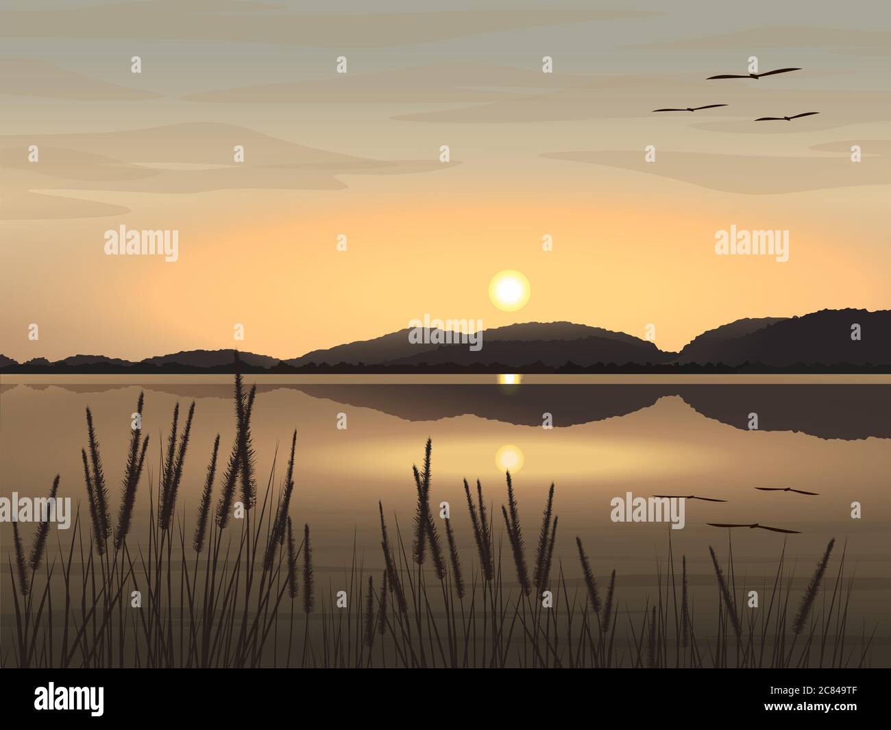 Immagine vettoriale bella immagine paesaggistica naturale di lago, montagne, cielo serale il sole è tramontare, erba e uccelli volare. Illustrazione Vettoriale