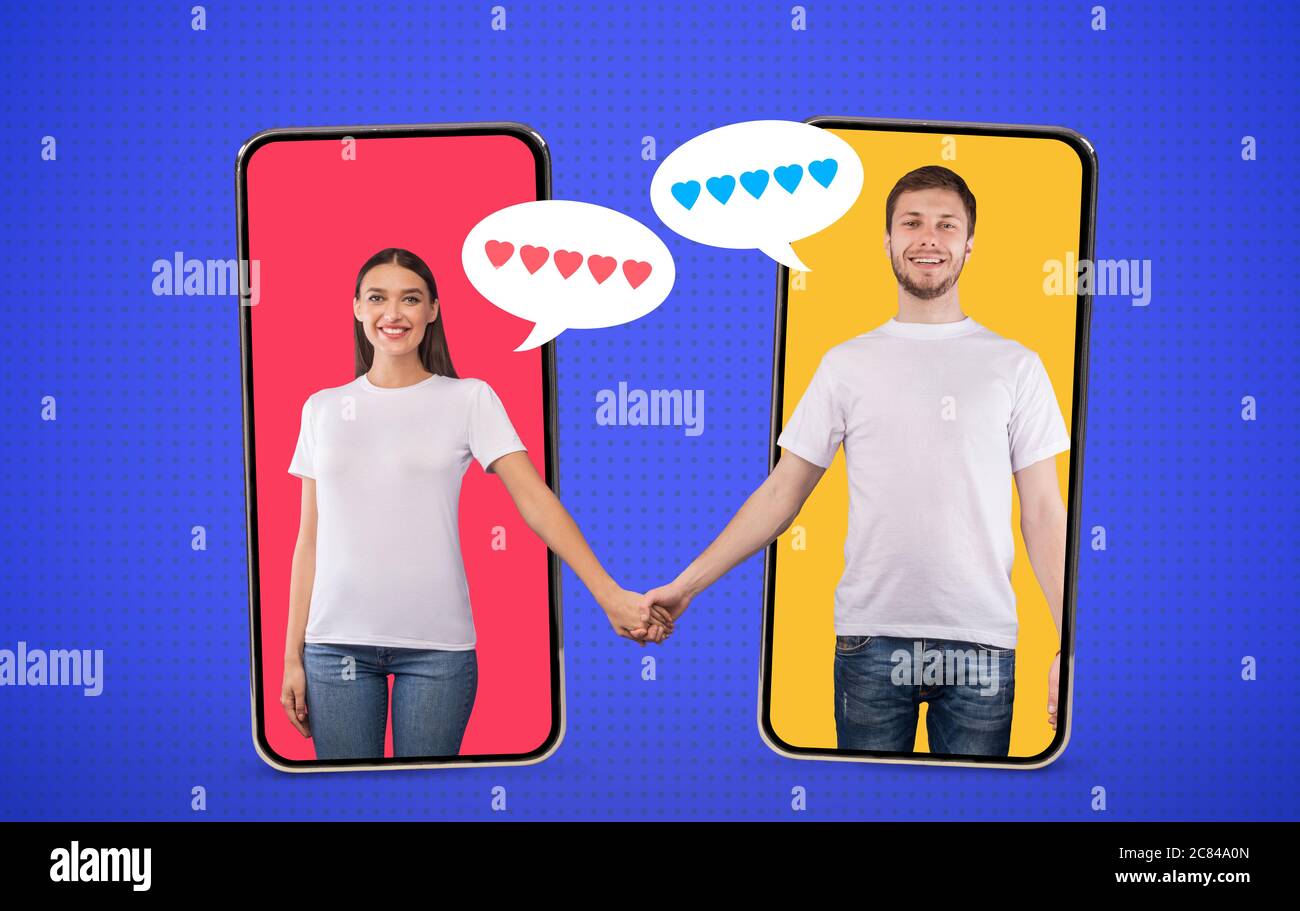Collage di due amanti che si levano in piedi sugli schermi del telefono tenendo le mani Foto Stock