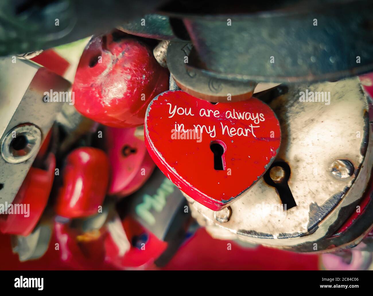 Lucchetto a forma di cuore tra molte serrature. San Valentino o concetto di amore. Foto Stock