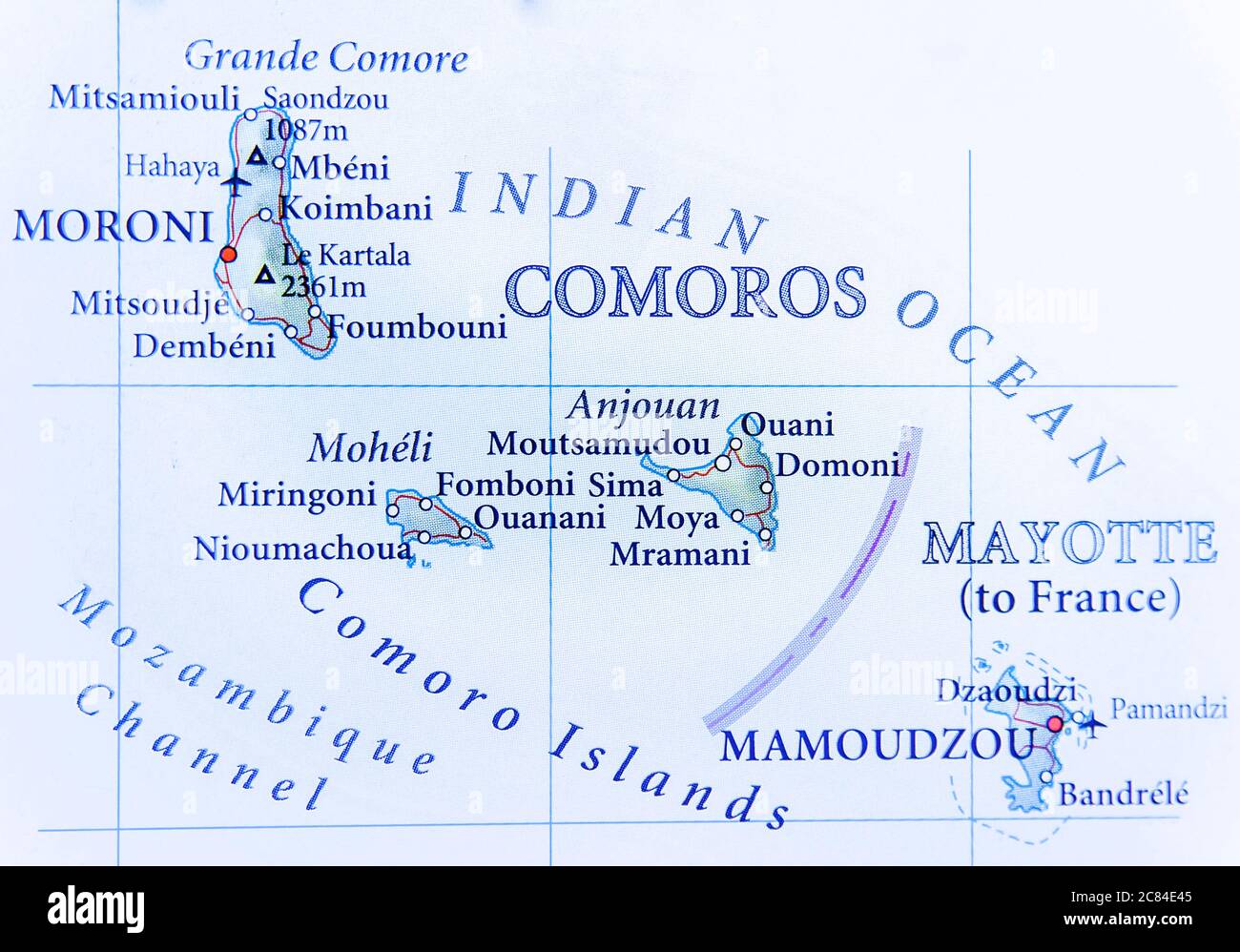 Mappa geografica delle Comore con le città importanti Foto Stock