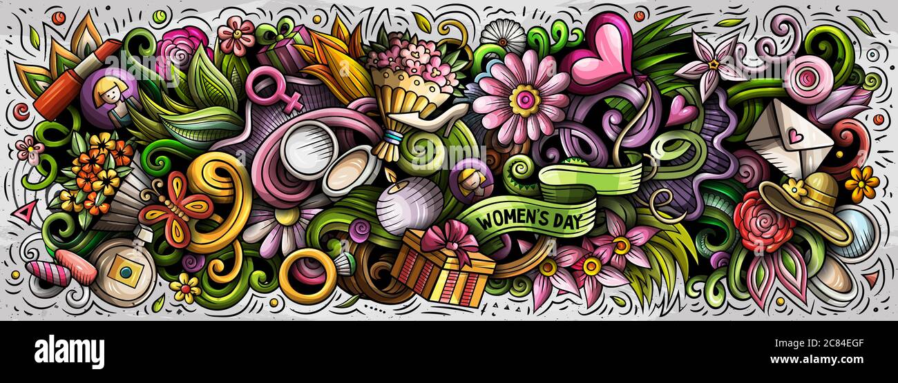 Happy Womens Day illustrazione dei doodles disegnati a mano. Banner vettoriale colorato Illustrazione Vettoriale