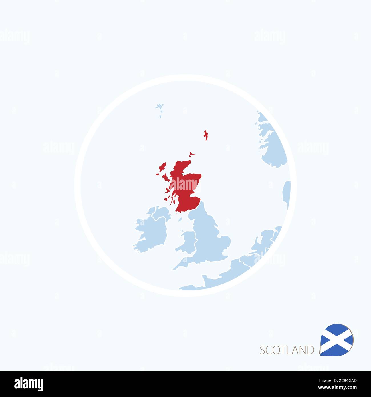 Mappa icona della Scozia. Mappa blu dell'Europa con la Scozia evidenziata in rosso. Illustrazione vettoriale. Illustrazione Vettoriale
