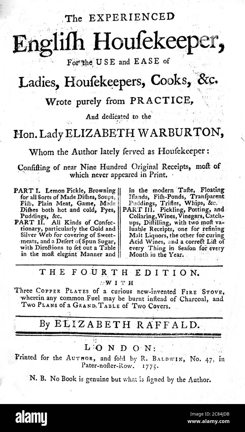ELIZABETH RAFFALD (1733-1781) autore ed imprenditore inglese. Titolo dell'edizione 1782 del suo libro The Hesperimented English Housekeeper pubblicato per la prima volta nel 1769 e molto pirata, da qui la nota inferiore. Foto Stock
