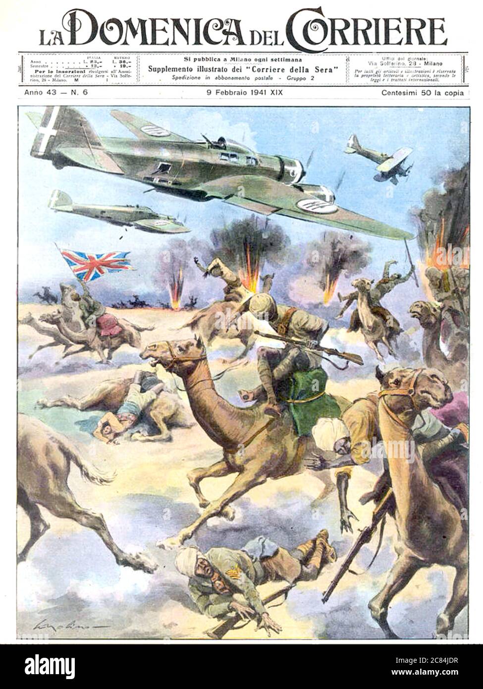 CAMPAGNA PER L'AFRICA ORIENTALE una rivista italiana settimanale ha visto in modo immaginario le loro forze aeree che attaccano una forza eteopica nel 1941. Foto Stock