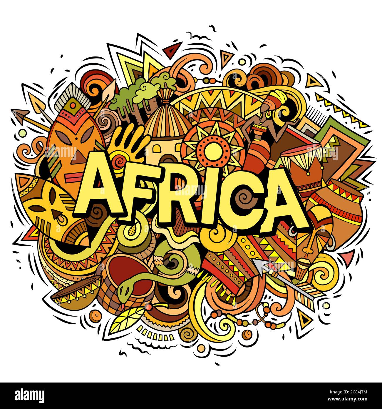 Cartoon carino doodles Africa parola. Grafica vettoriale divertente Illustrazione Vettoriale