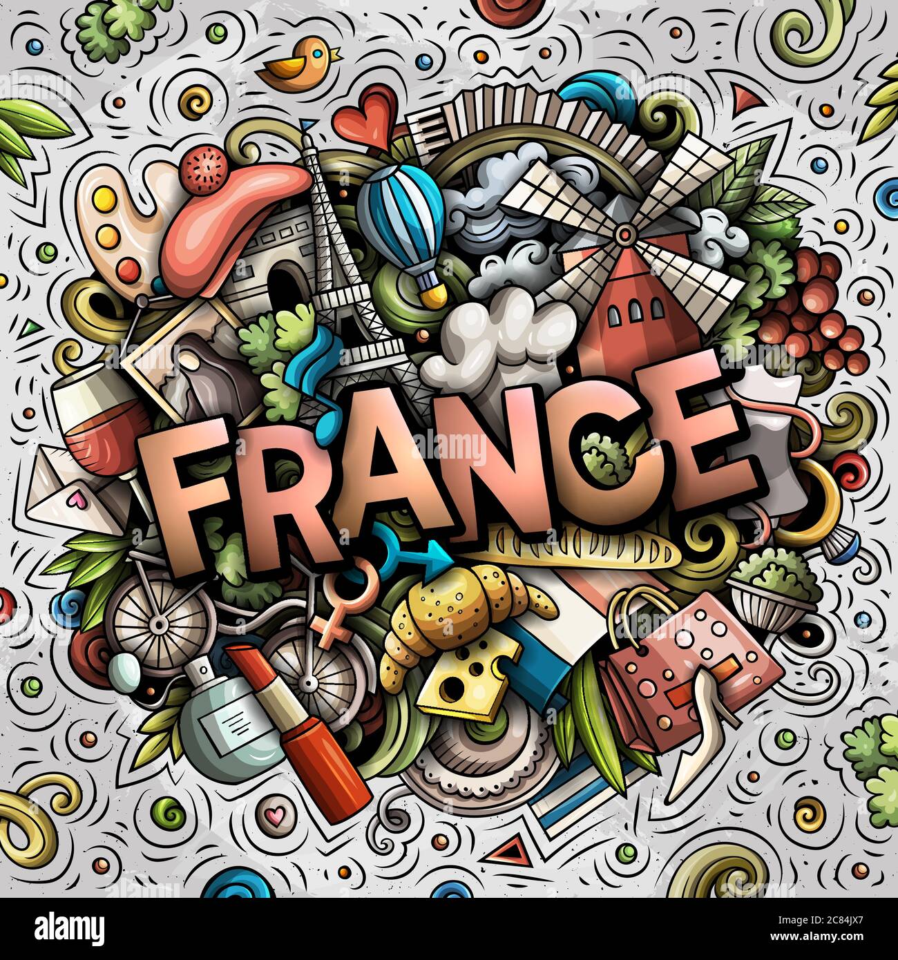 Francia disegnata a mano fumetto doodles illustrazione. Design divertente da viaggio. Illustrazione Vettoriale