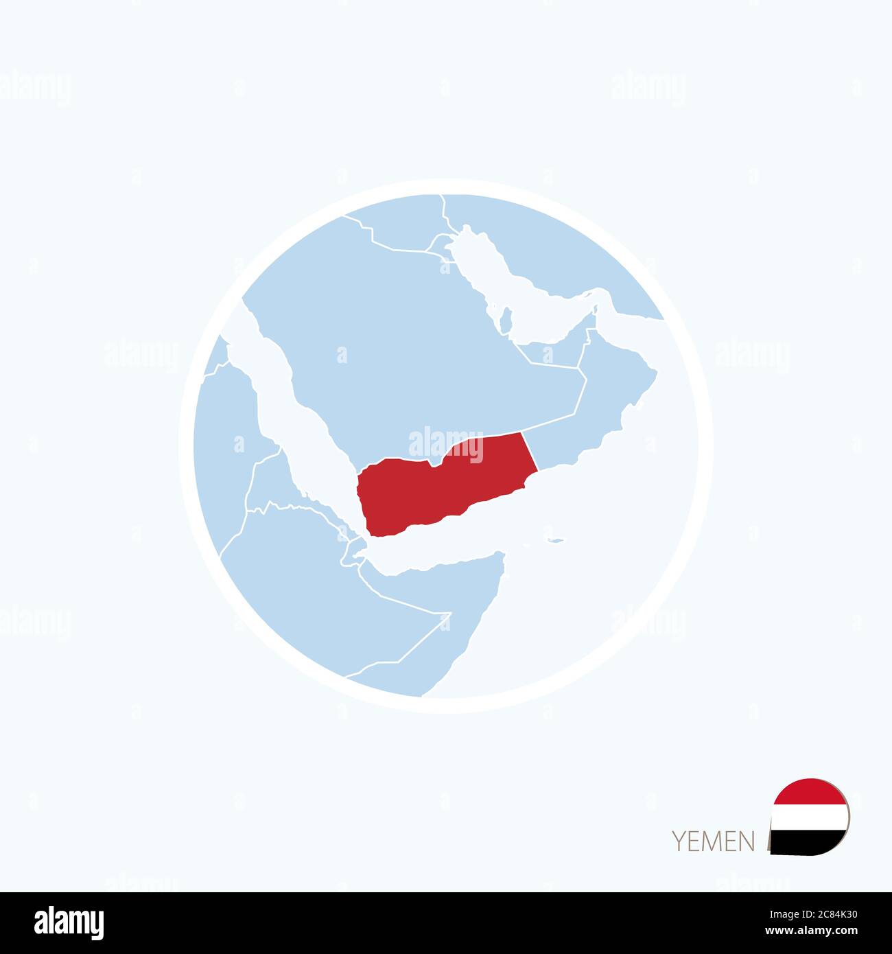 Icona della mappa dello Yemen. Mappa blu del Medio Oriente con lo Yemen evidenziato in rosso. Illustrazione vettoriale. Illustrazione Vettoriale