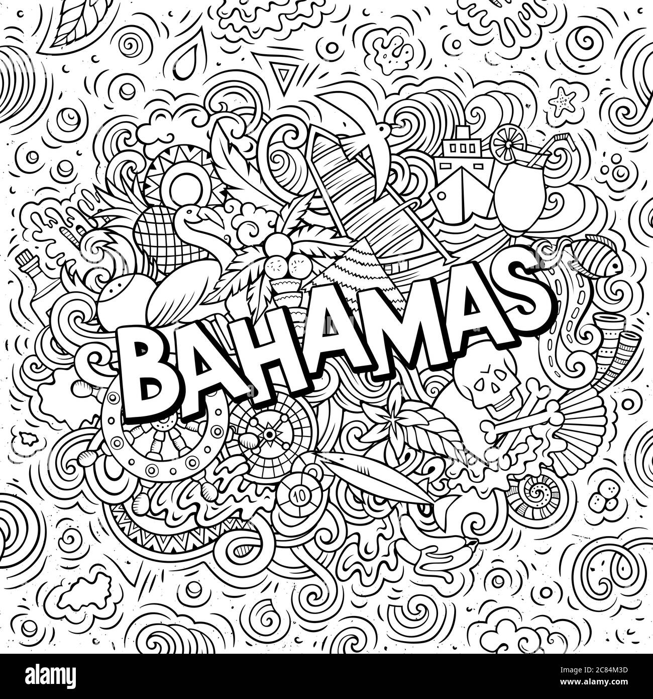 Bahamas disegnata a mano fumetto doodles illustrazione. Design divertente da viaggio. Illustrazione Vettoriale