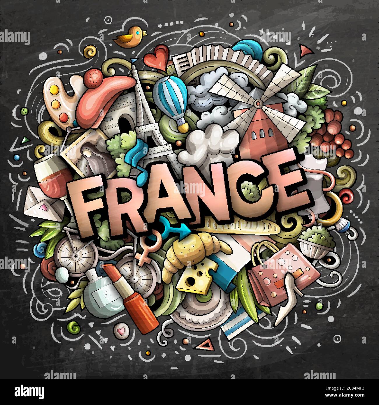 Francia disegnata a mano fumetto doodles illustrazione. Design divertente da viaggio. Illustrazione Vettoriale