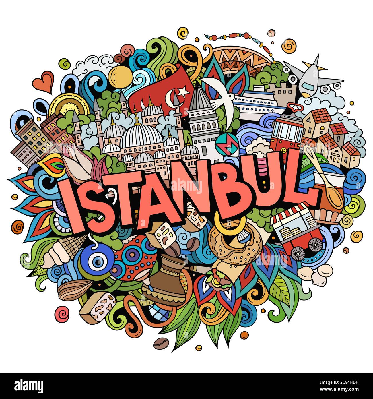 Istanbul disegnata a mano fumetto doodles illustrazione. Design divertente da viaggio. Illustrazione Vettoriale