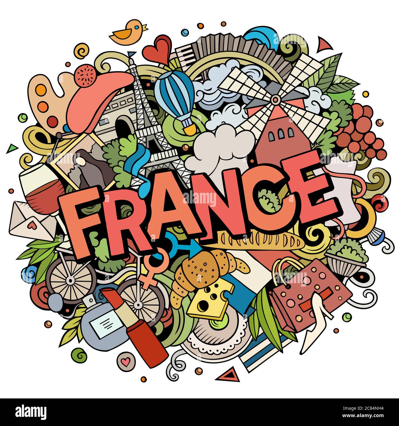 Francia disegnata a mano fumetto doodles illustrazione. Design divertente da viaggio. Illustrazione Vettoriale