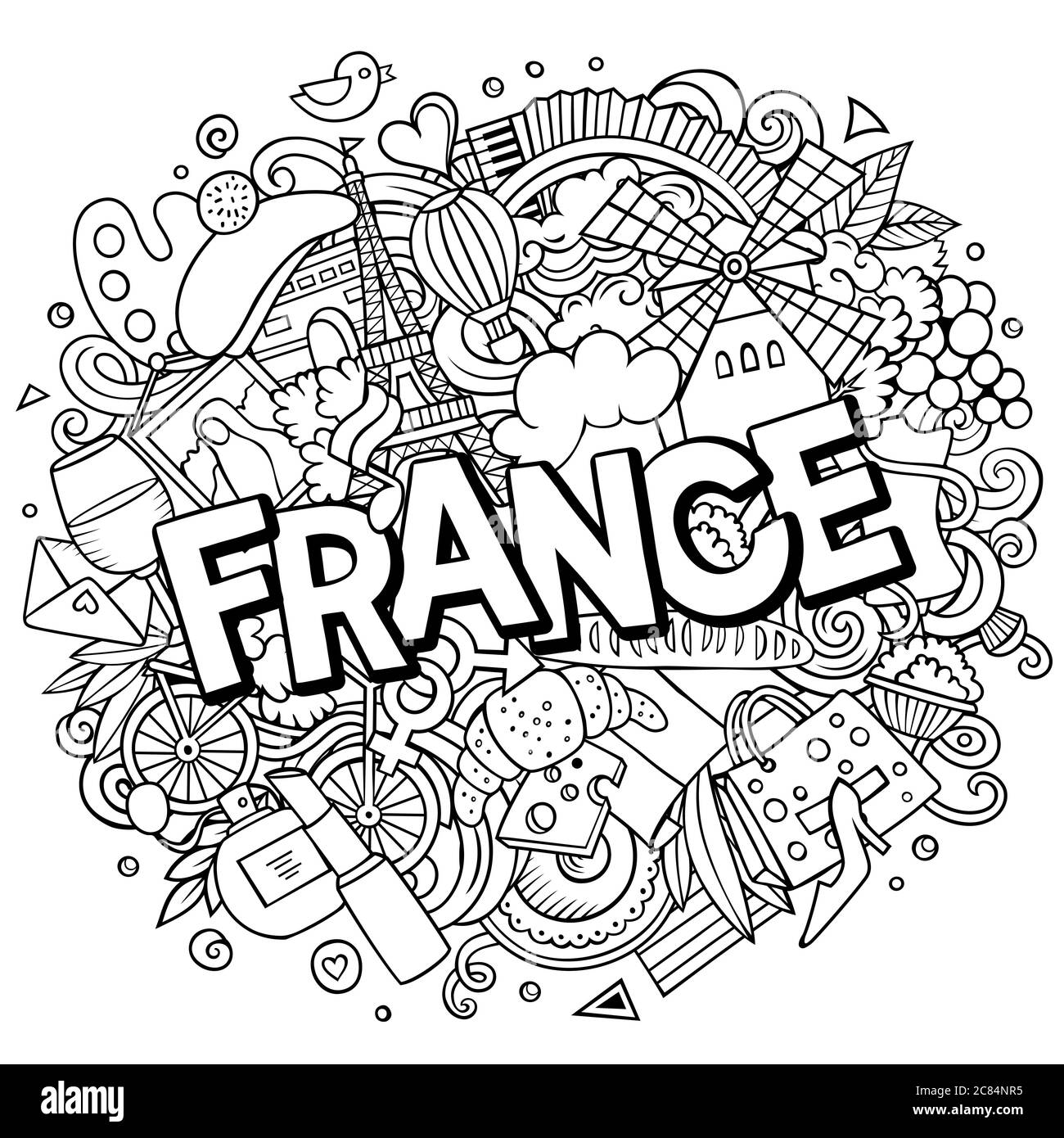 Francia disegnata a mano fumetto doodles illustrazione. Design divertente da viaggio. Illustrazione Vettoriale