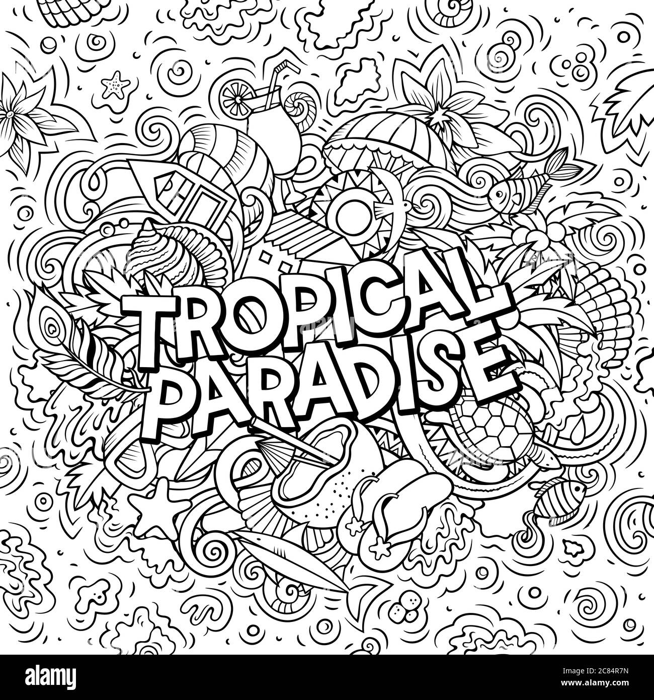Paradiso tropicale disegnata a mano fumetto doodles illustrazione. Design stagionale divertente Illustrazione Vettoriale