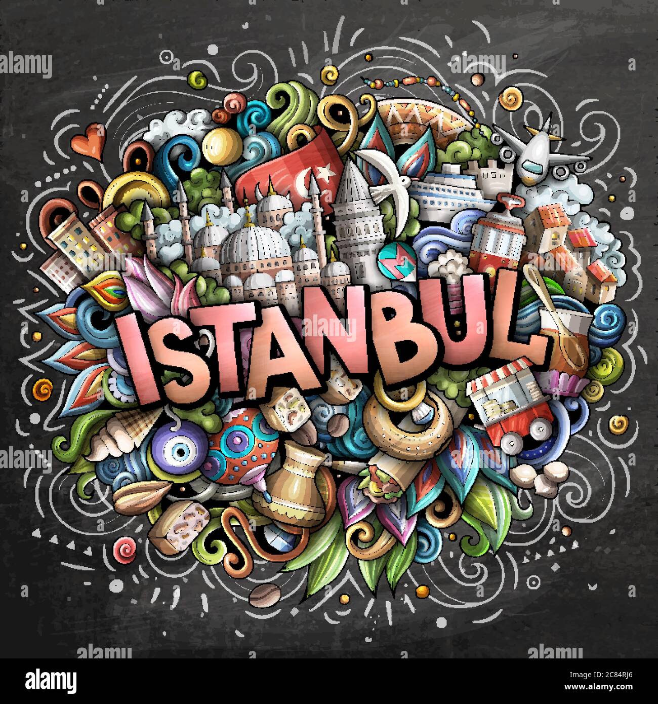Istanbul disegnata a mano fumetto doodles illustrazione. Design divertente da viaggio. Illustrazione Vettoriale