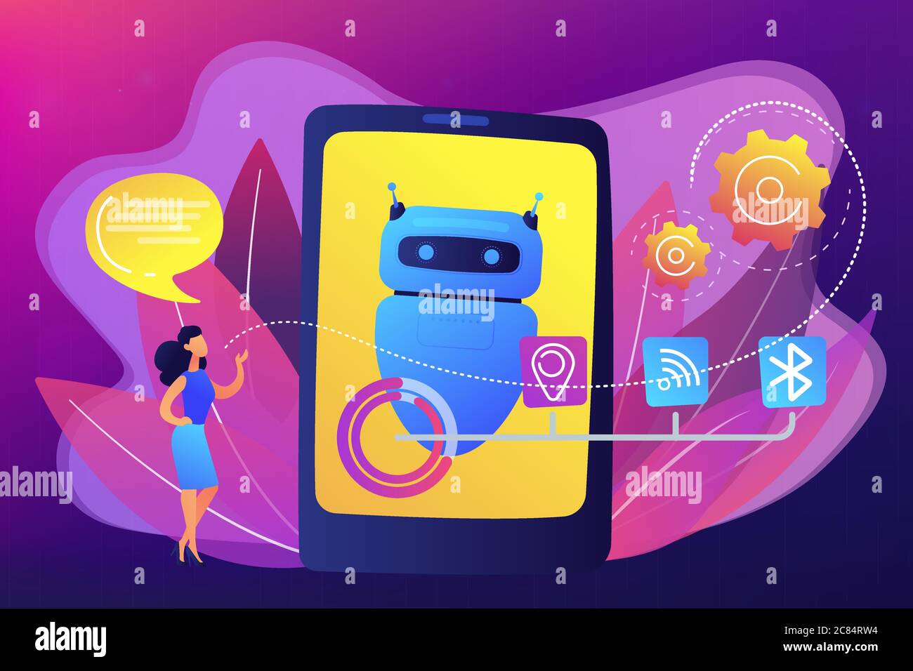 Assistente virtuale chatbot tramite illustrazione vettoriale del concetto di messaggistica. Illustrazione Vettoriale